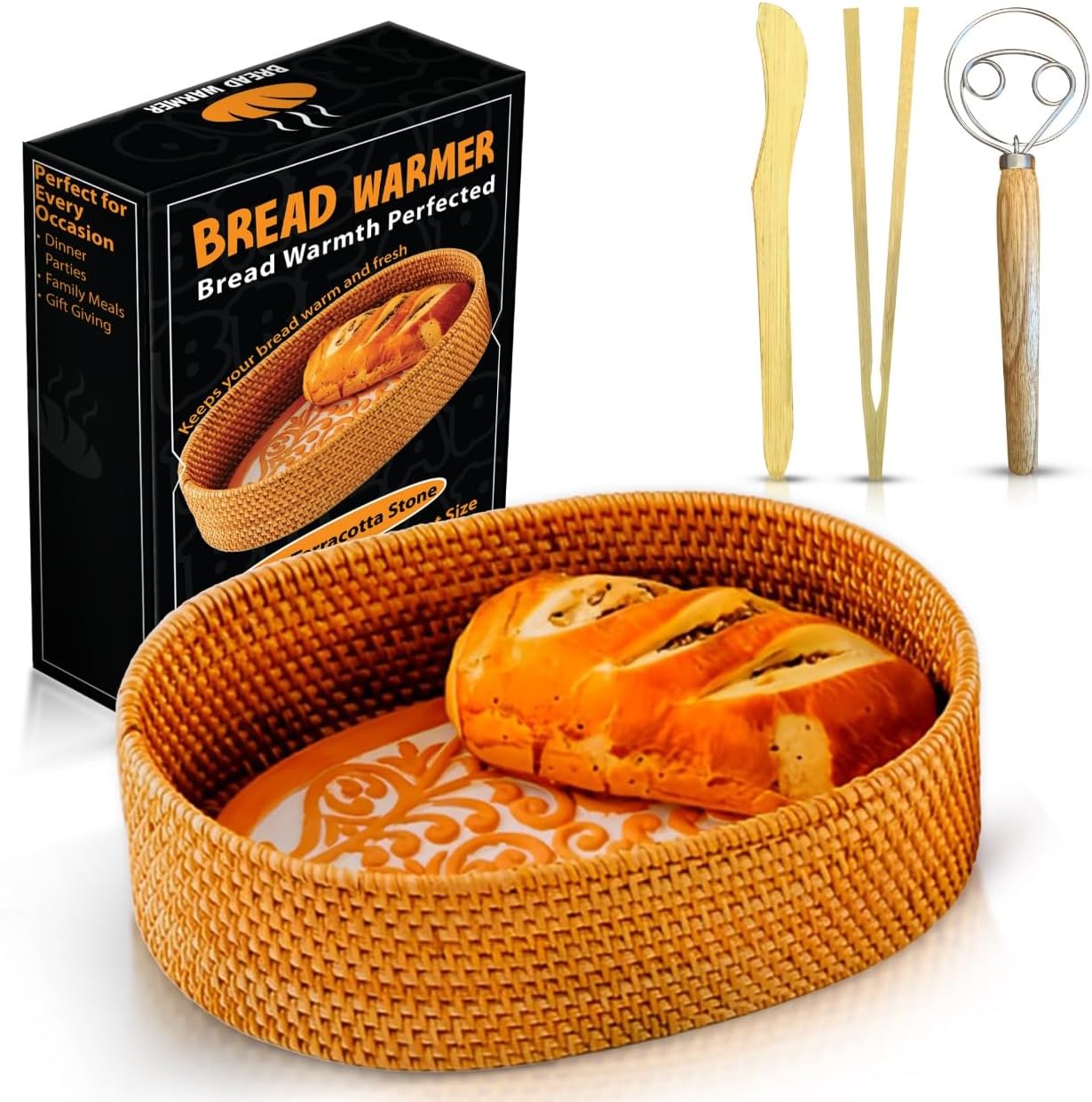 Basket with Terracotta Stone - Handcrafted Oval Bread Basket for Serving Rolls, Tortillas,and Muffins - Eco-Friendly, Perfect for Dining, Gifting, and Farmhouse Decor